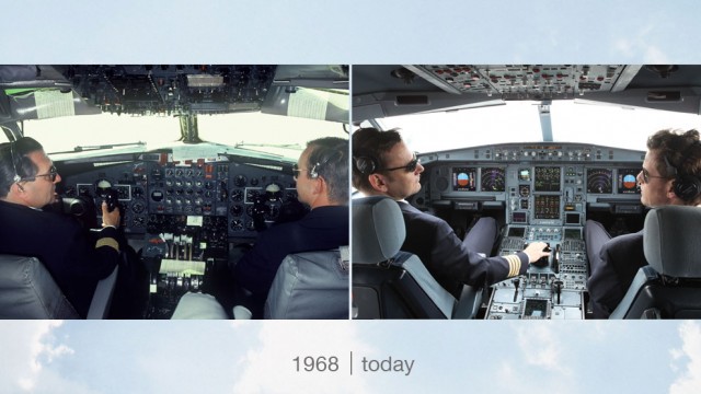 View of the cockpit, 1968 & today - Photo: Robert Schadt & Lufthansa
