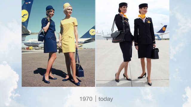 Modeling the latest in uniform design, 1970 & today - Photo: Robert Schadt & Lufthansa