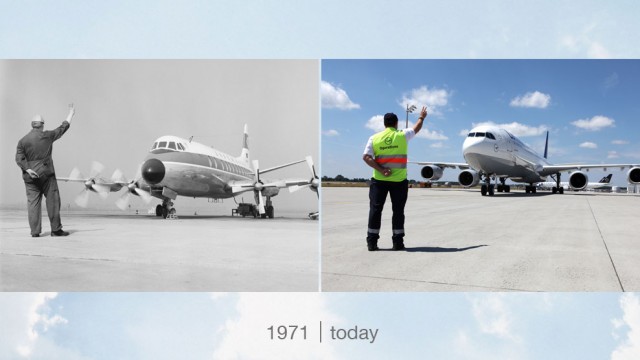 Taxiing to the gate, 1971 &  today - Photo: Robert Schadt & Lufthansa