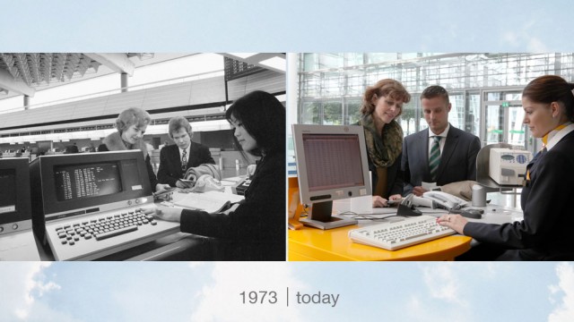 Helping customers at the ticket counter, 1973 & today - Photo: Robert Schadt &  Lufthansa