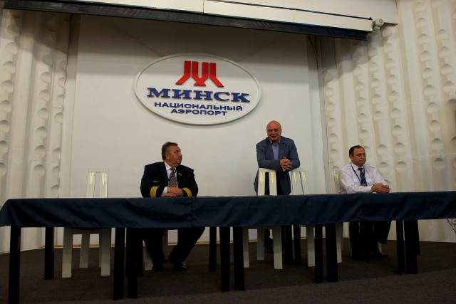 Belavia's chief Tu-154 pilot, Deputy Director of Marketing and International, and head of technical at a quasi press conference in Minsk.  - Photo: Bernie Leighton | AirlineReporter