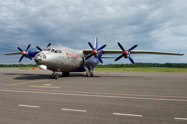 This is the oldest An-12 still flying, and recently repainted. EW-338TI is an An-12BP of RubyStar. Here it is in Vitebsk. - Photo: Bernie Leighton |AirlineReporter