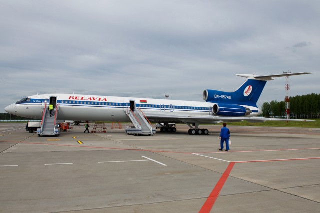 Our chariot, EY-85748, on the ground at Minsk National Airport. - Photo : Bernie Leighton | AirlineReporter