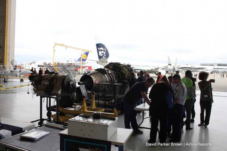 An APU and engine on display.