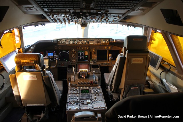 The flight deck of my EVA Air 747-400 at Seattle.