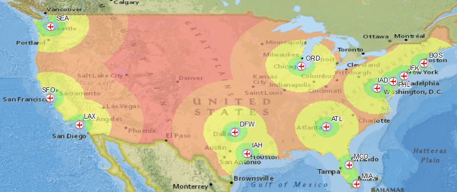 The Geographic Reach of the ME3 airlines in the US. Graphic: David Delagarza | AirlineReporter.com