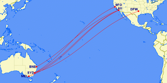 All the routes that as of December Qantas will fly to the Continental USA. That is a lot of service - Image: GCMap.com