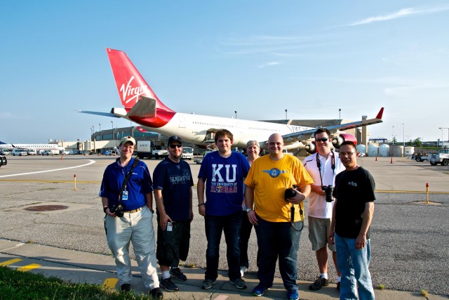 Aviation enthusiasts pose with a Virgin Atlantic A-340. Photo Courtesy Dan Palen