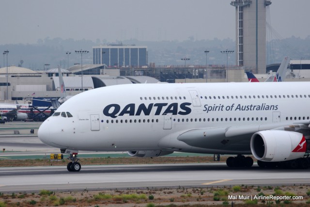 A Qantas A380, touting that the airline is the "Spirit of Australians"