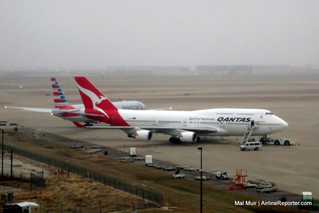 A Qantas 747-400ER and an American 777 on the Ground at Dallas Fort Worth... Soon a sight for Australian airports?