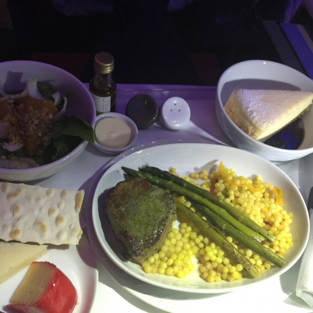 A beef tenderloin with asparagus and saffron couscous - Photo: Bernie Leighton | AirlineReporter