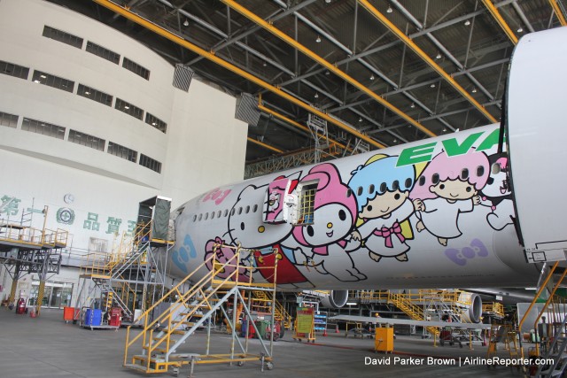 One of EVA Air's Hello Kitty planes being worked on
