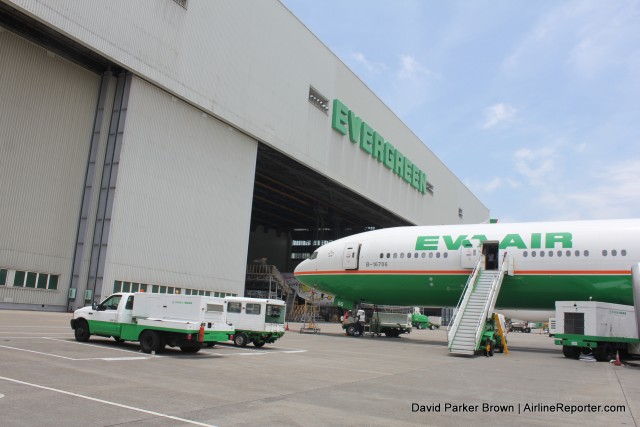An EVA Air Boeing 777-300ER being worked on