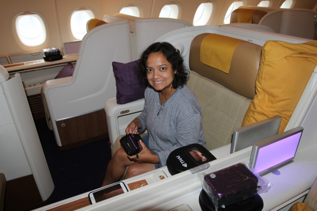 My Wife Checking Out the First Class Seat on Thai's A380 - Photo: David Delagarza | AirlineReporter