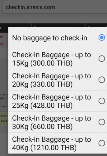AirAsia's Pricing Structure for Checked Baggage (1 USD = 33 THB)