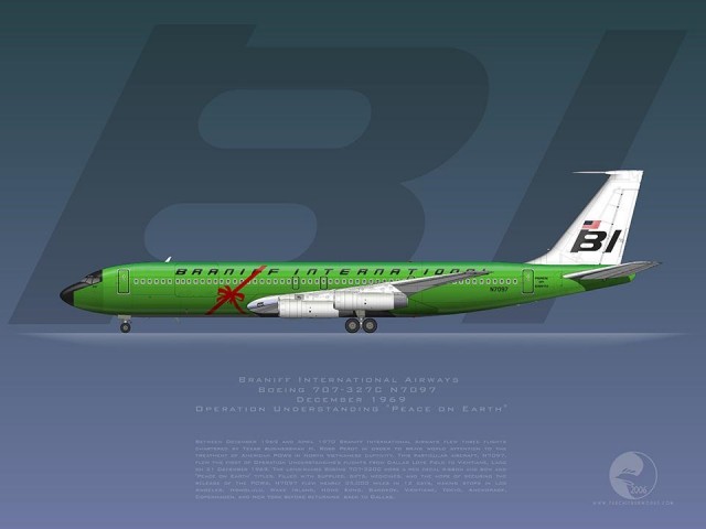 Between December 1969 and April 1970, H. Ross Perot chartered three Braniff International flights to bring international attention to the plight of the American POWs held by North Vietnam. The first of the three flights of ’œOperation Understanding’ used N7907 for a Christmas flight to Southeast Asia via several stops on a twelve day tour to bring gifts for the POWs. The Boeing 707-320C had a ribbon decal applied at Dallas Love Field and ’œPeace on Earth’ titles by the aft passenger door for the flight. The decal unfortunately peeled off on takeoff from Dallas.