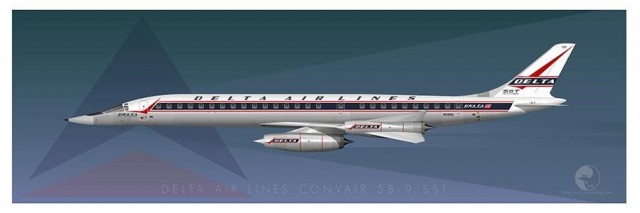 This is the Convair 58-9 SST- it was based on advanced design studies of more advanced variants of the B-58 Hustler and would have used the same Pratt & Whitney J58 engines used on the SR-71 Blackbird. It would have been an uneconomical design with limited seating capacity but it sure looks cool in the delivery livery used by Delta’s first Douglas DC-8s.