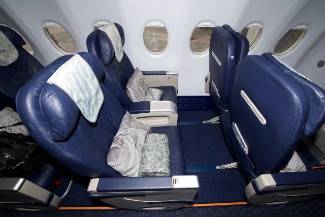 The Business Class Seat on the SSJ seems to have about 37 inches of pitch - Photo: Bernie Leighton | AirlineReporter