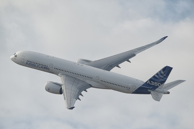 The first Airbus A350 is displayed at MAKS 2015. Photo: Kris Hull | AirlineReporter