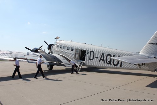 The Lufthansa Ju-52 sits at Hamburg Airport.