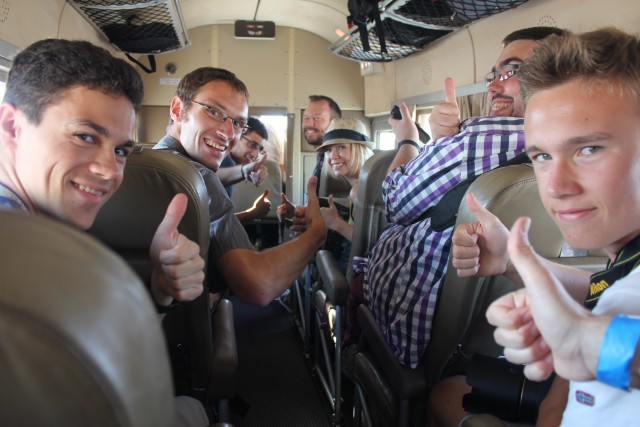 The gang -- all giddy during flight. 