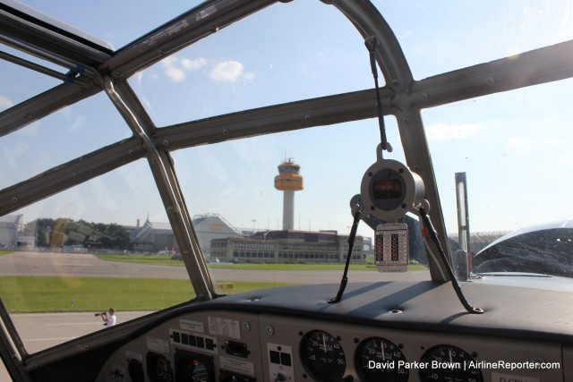 The tower through the front windshield.