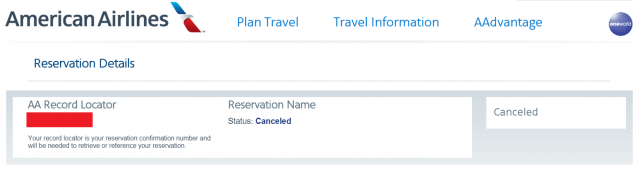 Screenshot showing the cancelled reservation made with the cheap fares