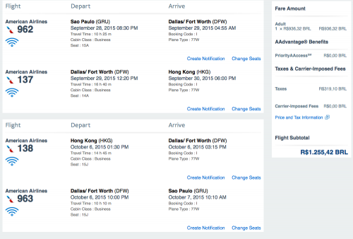 Screenshot image showing extremely low prices for airfare from Sao Paulo to Hong Kong. Courtesy Flyertalk user flipside.