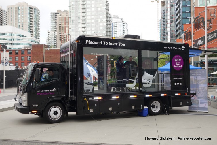 Air New Zealand's "Pleased to Seat You" truck on display in Terry Fox Square in Vancouver.