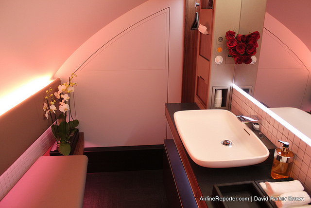 The lavatory in the Qatar Airways Airbus A380 first class section is huge, but limit to those passengers flying in the expensive seats