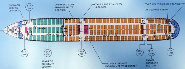 256 Passenger Configuration: (First Class: 52 Seats, 6 abreast @ 38’ pitch) (Coach: 204 Seats, 8 abreast, 36’ pitch)