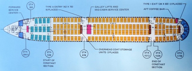 272 Passenger Configuration: (First Class: 28 Seats, 6 abreast, 40’ pitch) (Coach: 244 Seats, 8 abreast, 34’ pitch)