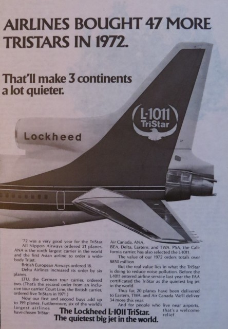 Lockheed Advertising announcing the sale of 47 more TriStars in 1972. Source: Lockheed-California Company