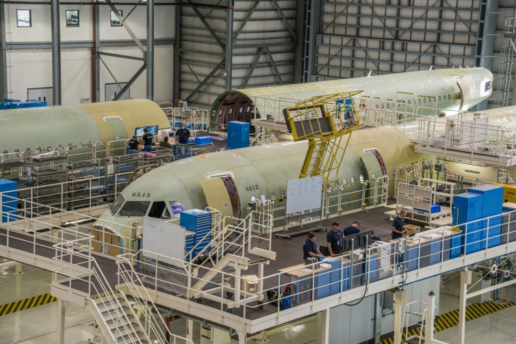 Major components of the first two aircraft to be assembled at the Airbus U.S. Manufacturing Facility are shown in the main final assembly hangar - Photo: Airbus