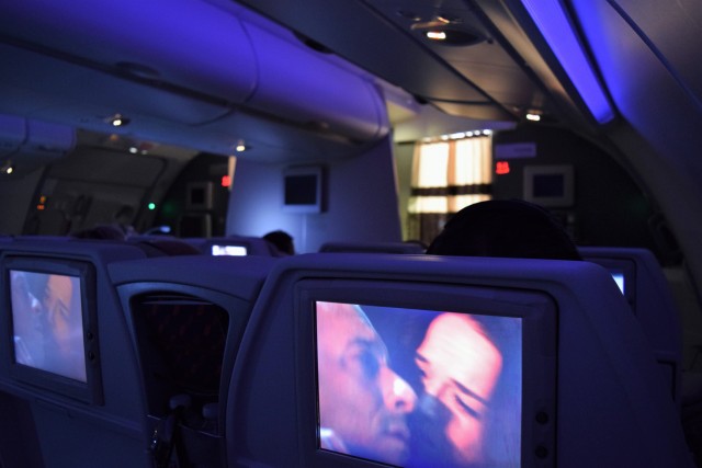 The cabin lights are dimmed on our Air France A380. Photo: John Nguyen | AirlineReporter