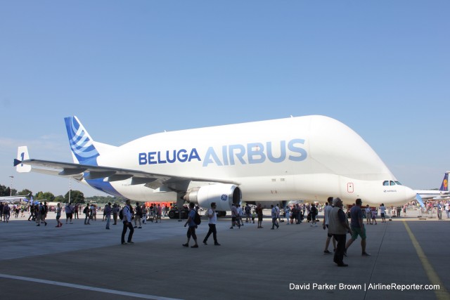 The Airbus Beluga 1 sits in the morning sun