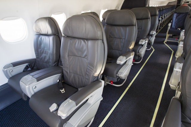 First class section on board an American Eagle E-175 at LAX. Photo: American Airlines
