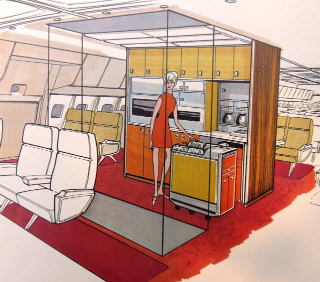 Lockheed was aware from an early date that the L-1011 sacrificed cargo room for galley space. Pictured above was an artist representation of an optional main deck galley service center. This concept was later executed on the L-1011-500.
