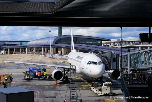 Our Air France A319, parked at Gate L21 at CDG.