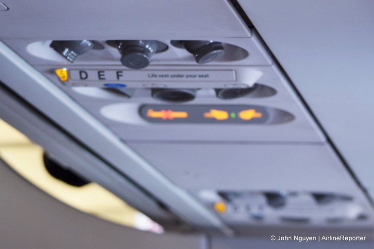 Standard overhead passenger service unit on board an Air France A319. Air vents!