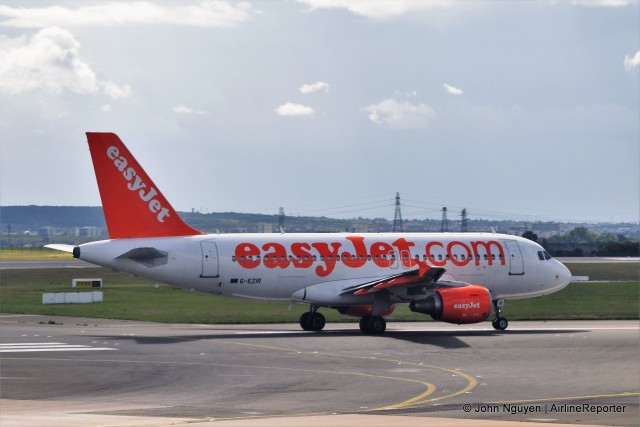 An EasyJet A319 (G-EZIR) preparing for takeoff at CDG.