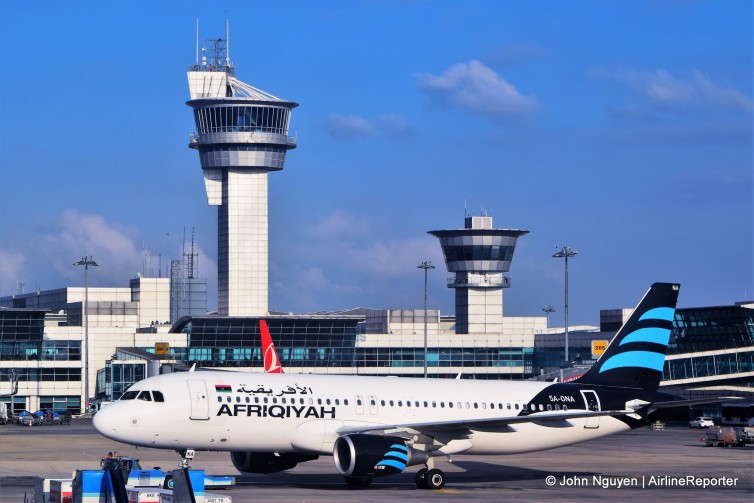 An Afriqiyah A320 (5A-ONA) being tugged at IST.