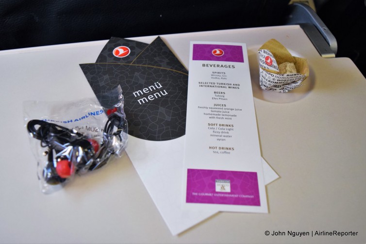 Menu card and offerings for Economy class on Turkish Airlines.