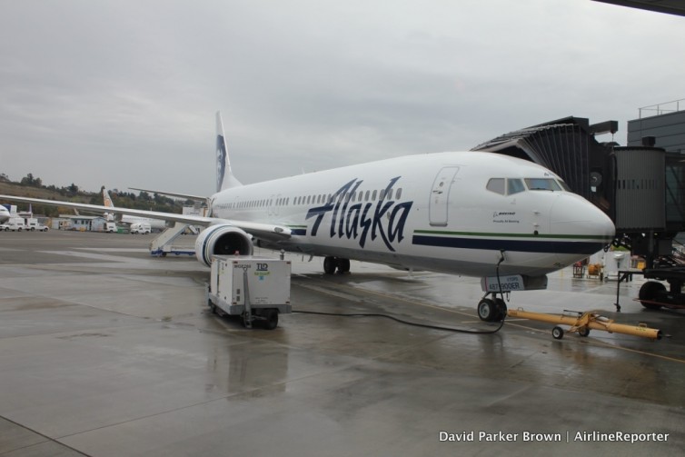 The Alaska 737-900ER with new bins sitting at Boeing Field