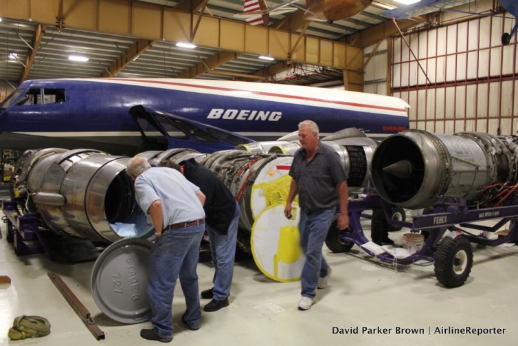 Working on one of the JT8D engines in front of the Boeing SST