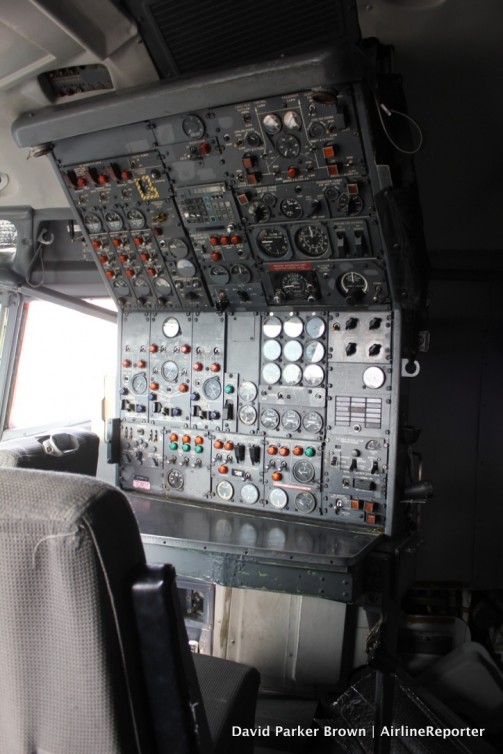 The engineering station in the flight deck of the first 727