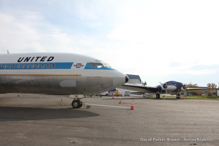 A United Boeing 247 is currently parked next to the first 727