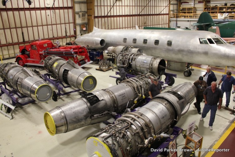 The five JT8D engines being worked on at the Museum of Flight Restoration Center