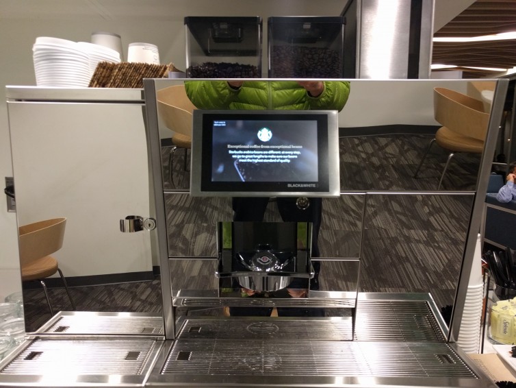 Starbucks coffee machine inside the new Alaska Airlines Board Room at SEA's N Satellite. Photo: Neil Enns | Dane Creek Photography