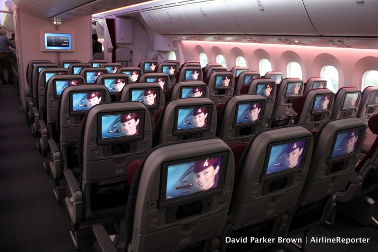 The economy class cabin in the Qatar 787-8